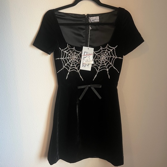 Ashley Williams London Cobweb Mini Dress - Black velvet and crystal spiderwebs - Picture 2 of 6